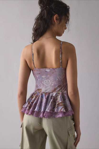 Retro Lace Mesh Splice Floral Cami Top