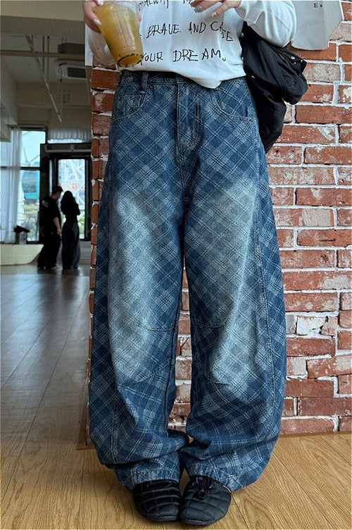 Retro Plaid Print Curved Jeans