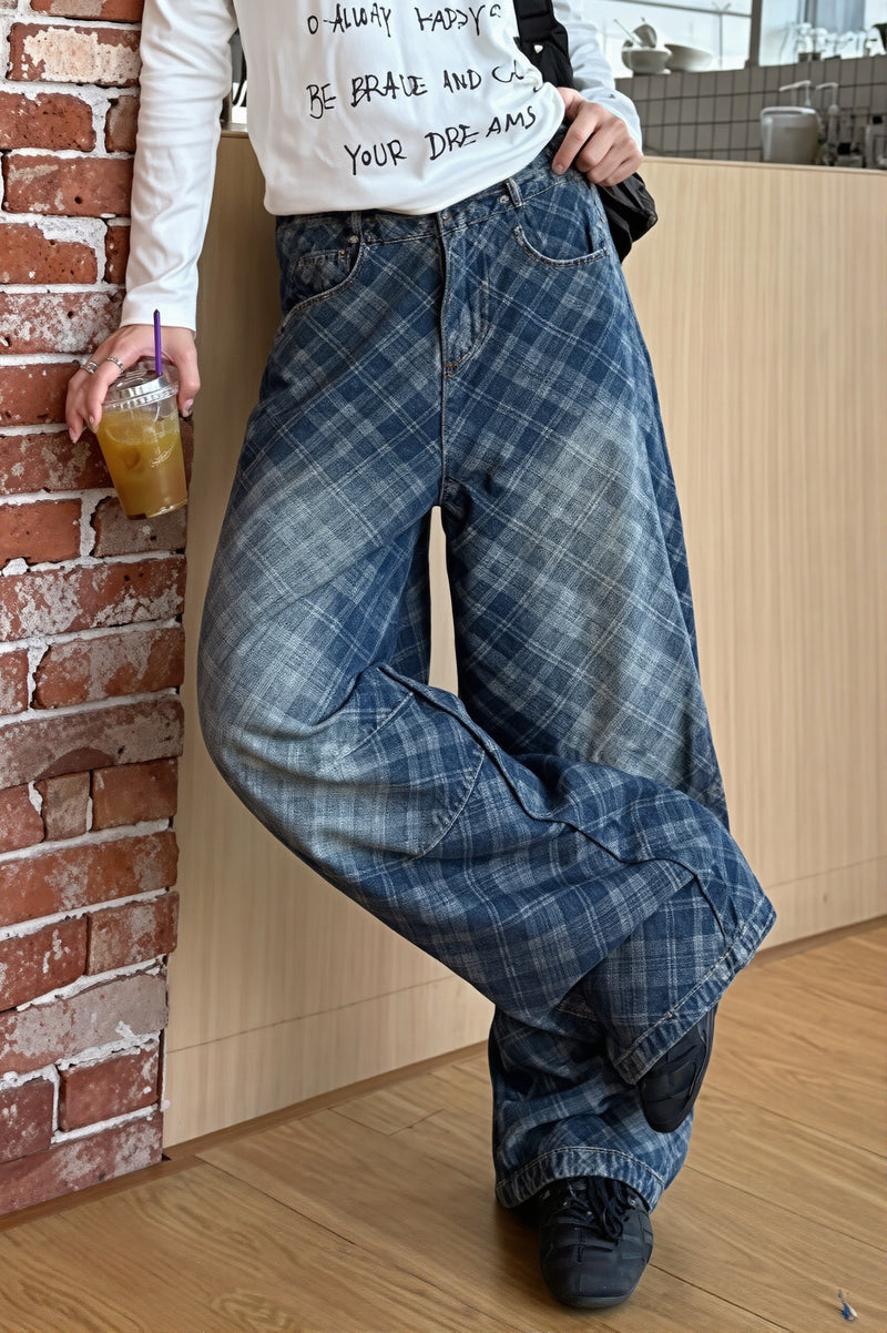 Retro Plaid Print Curved Jeans