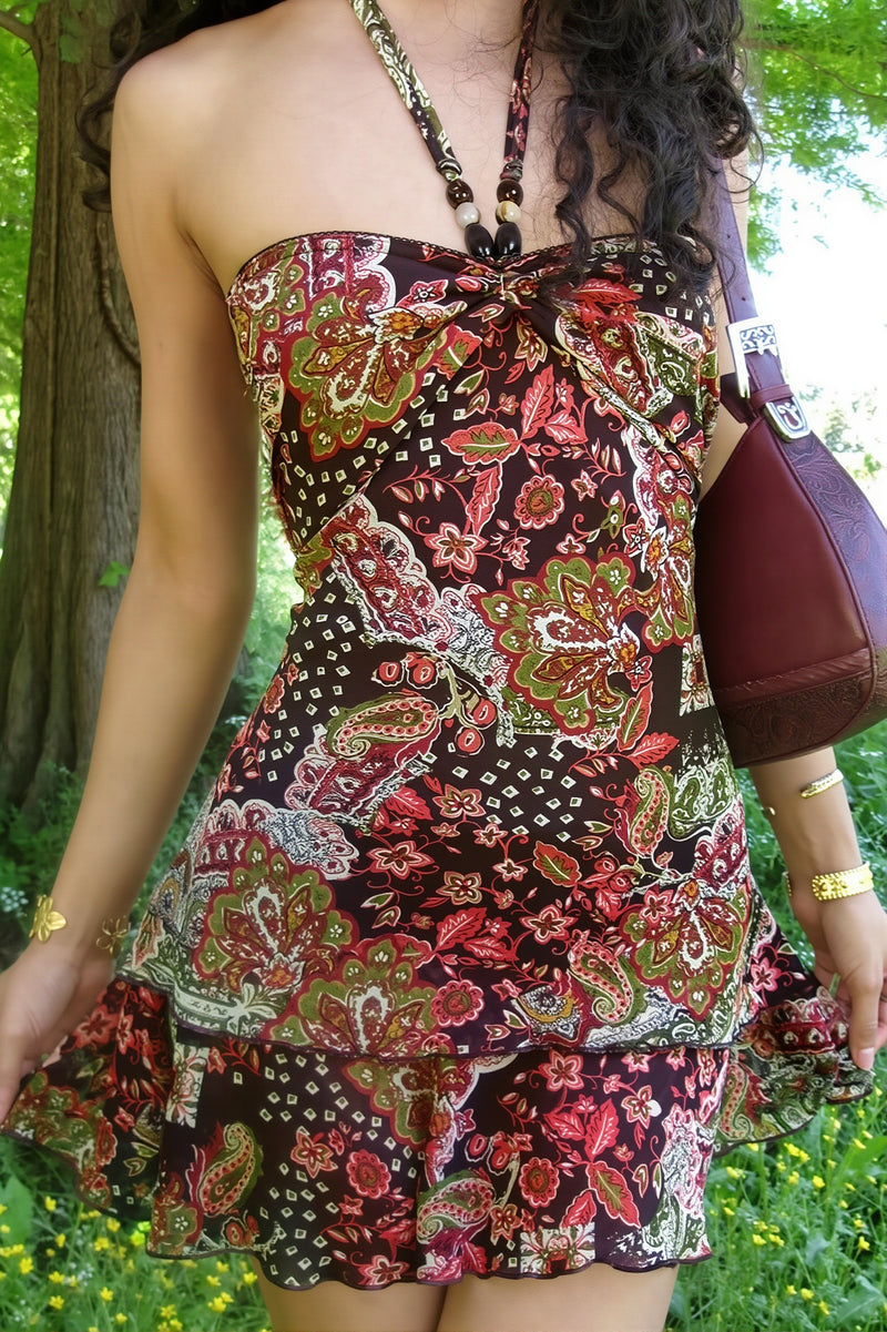 Retro Print Halter Wrap Mini Dress