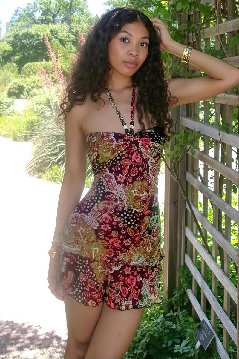 Retro Print Halter Wrap Mini Dress