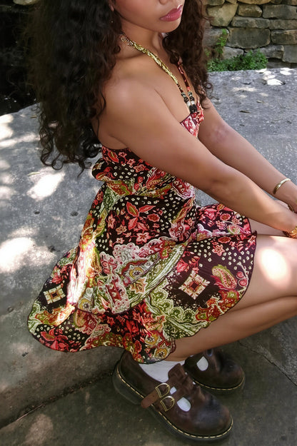Retro Print Halter Wrap Mini Dress