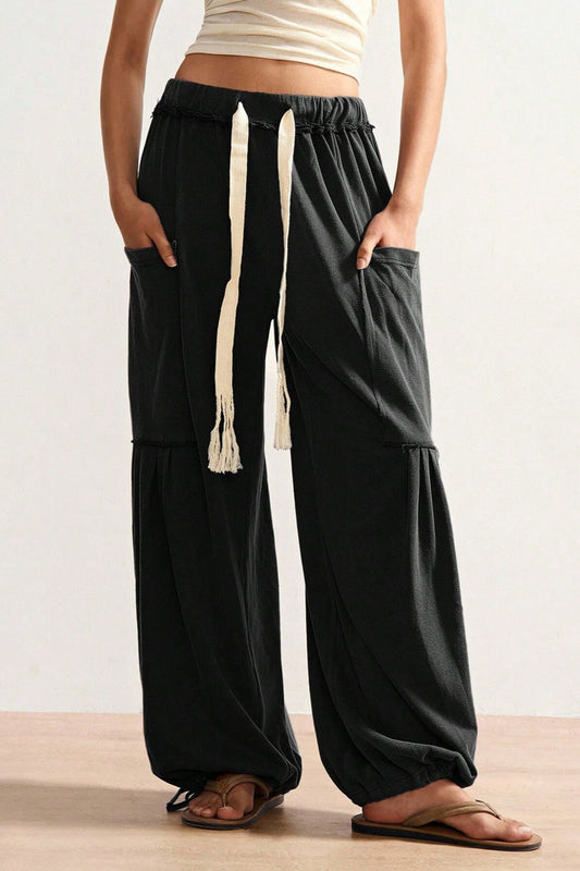 Retro Tie Drawstring Wide Leg Pants