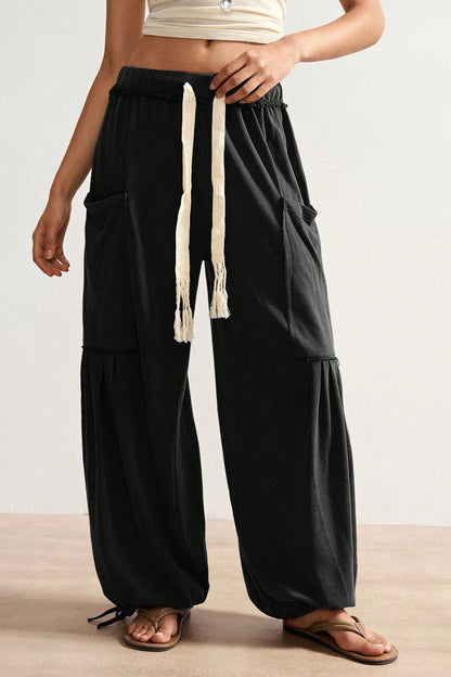 Retro Tie Drawstring Wide Leg Pants