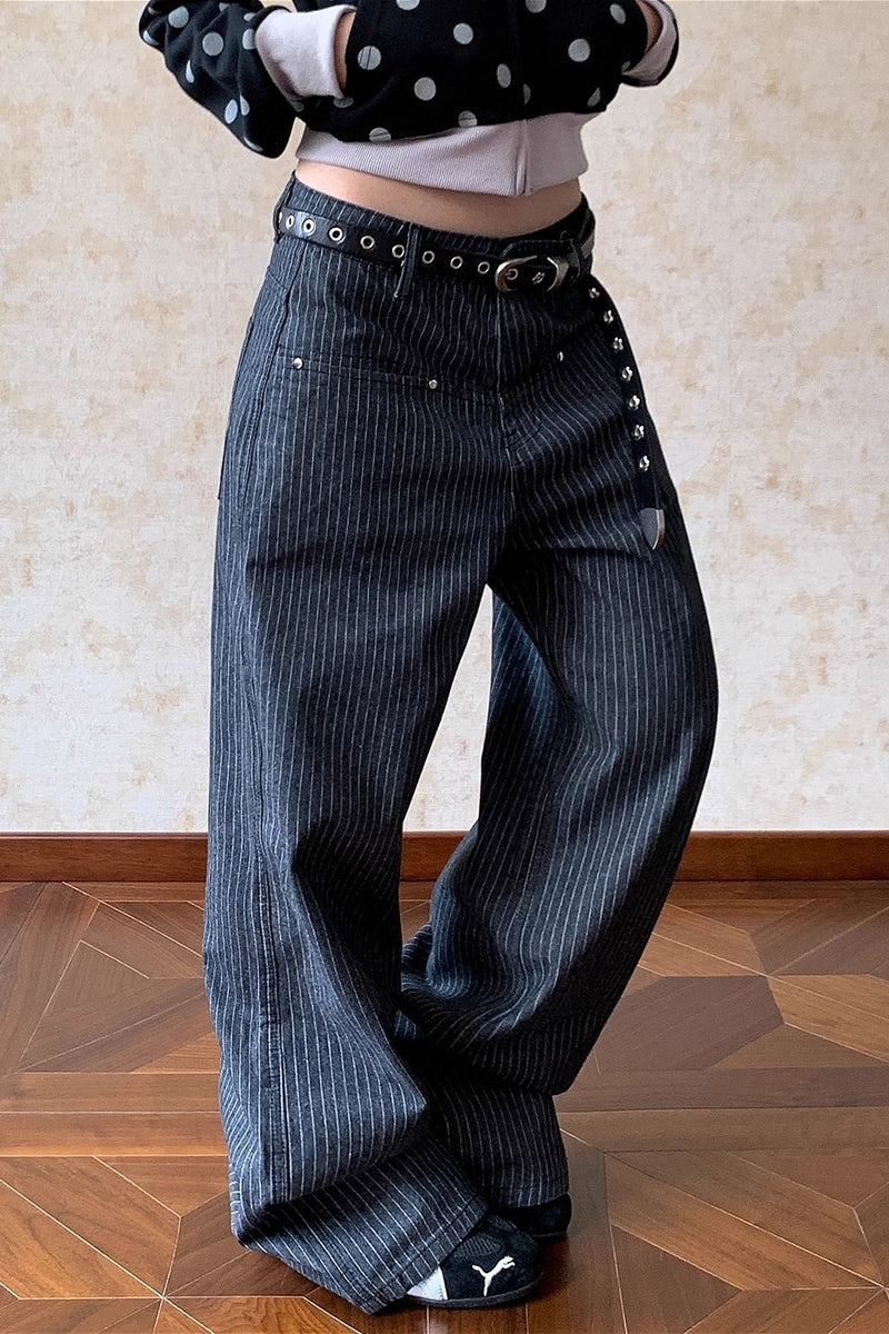 Retro Vertical Stripe Loose Straight Jeans