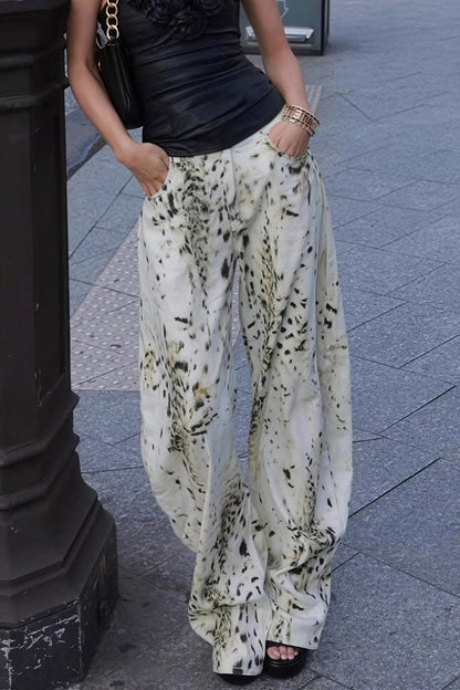 Retro Washed Leopard Wide Leg Jeans