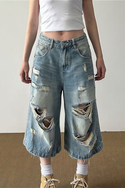Retro Washed Ripped Whisker Cropped Jeans