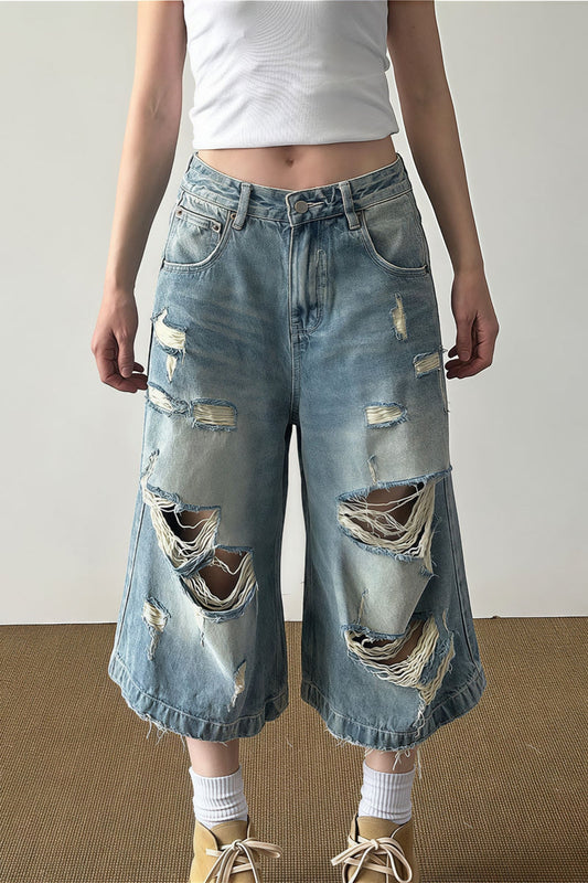 Retro Washed Ripped Whisker Cropped Jeans