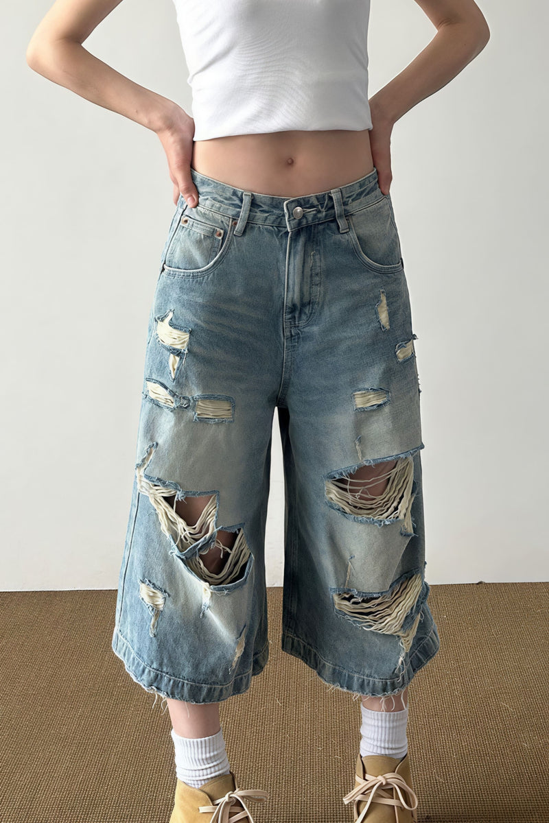 Retro Washed Ripped Whisker Cropped Jeans