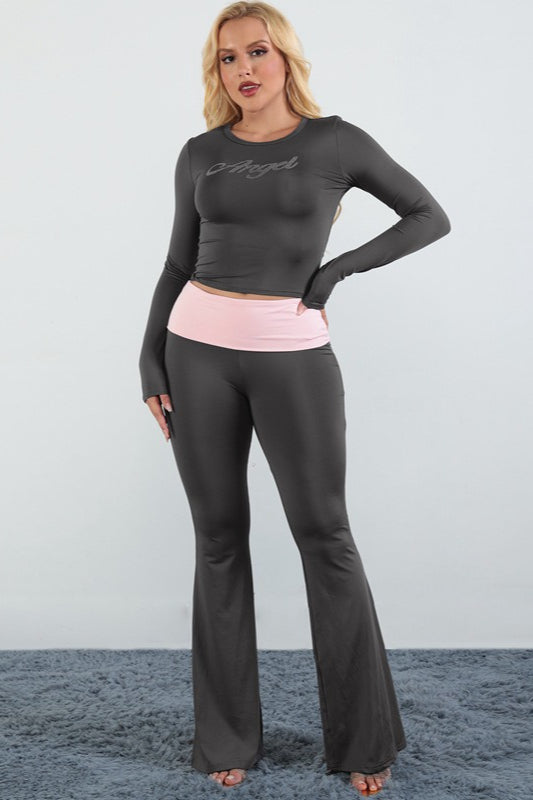 Rhinestone Color Block Crew Neck Two Piece Set