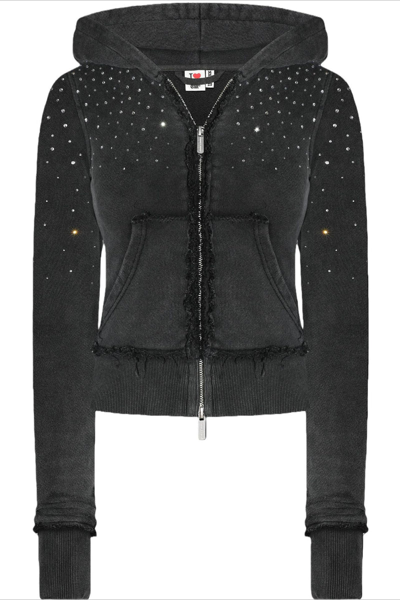 Rhinestone Crystal Zip Crop Hoodie