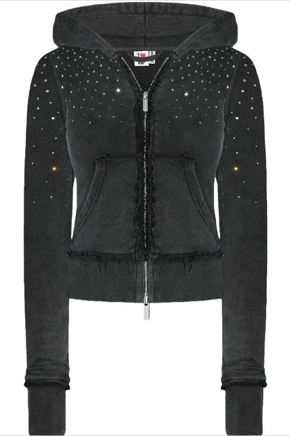 Rhinestone Crystal Zip Crop Hoodie