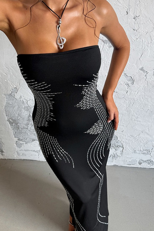 Rhinestone Strapless Off Shoulder Maxi Dress