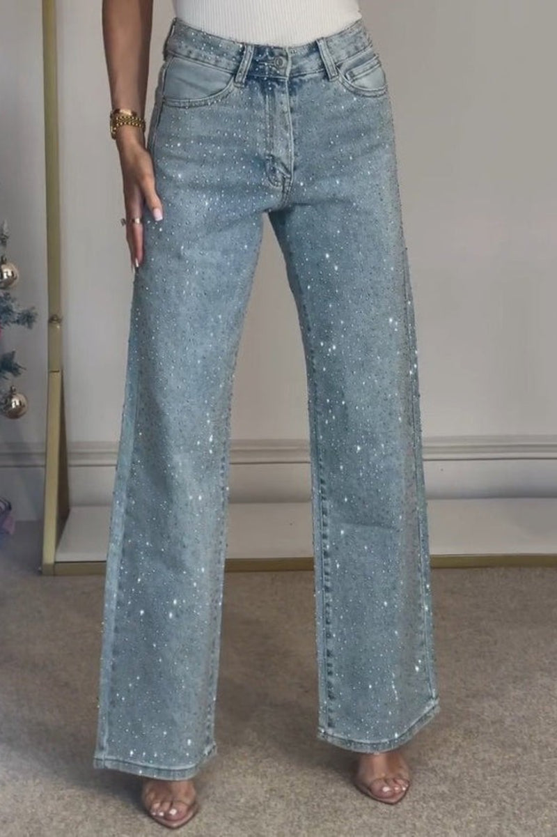Rhinestone Washed High Waist Jeans