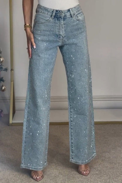 Rhinestone Washed High Waist Jeans