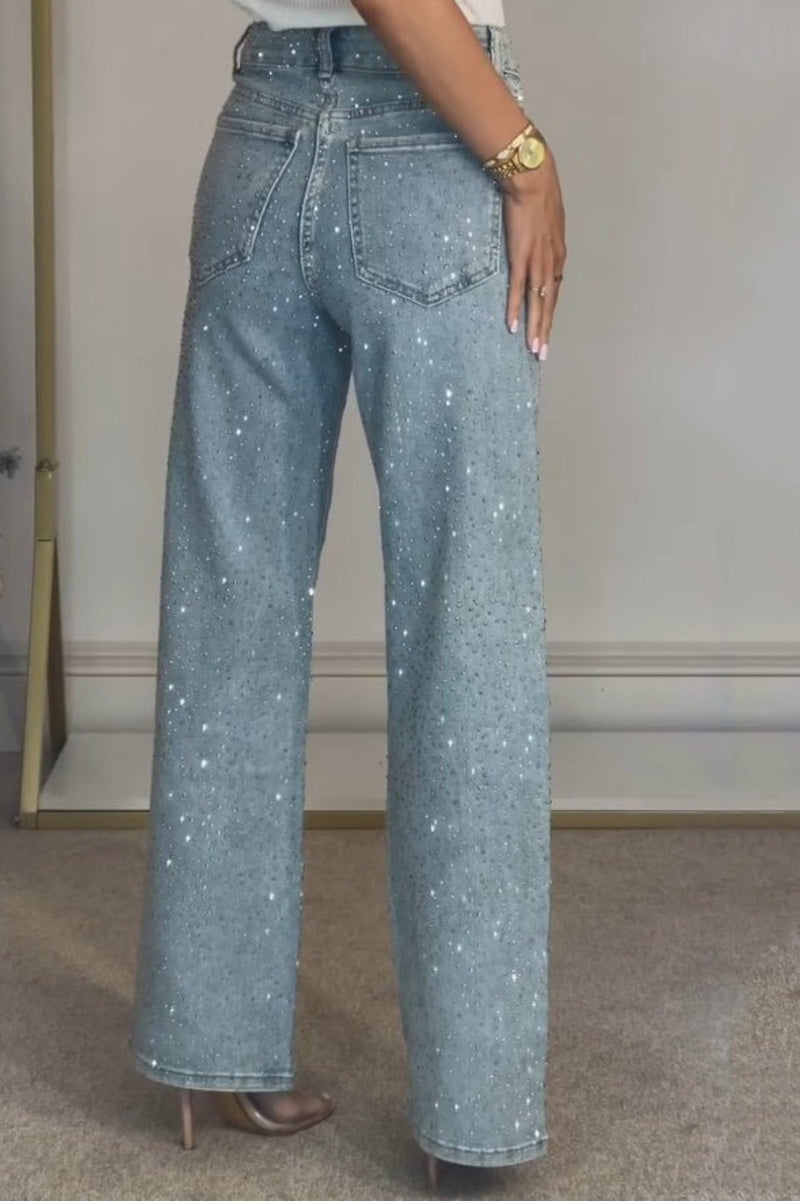 Rhinestone Washed High Waist Jeans