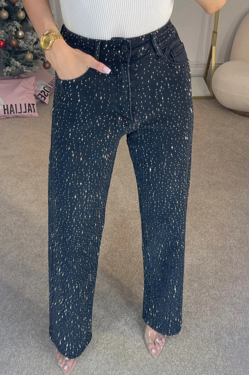 Rhinestone Washed High Waist Jeans
