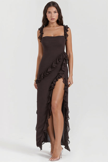 Ribbon Ruffle Splice Slit Maxi Dress