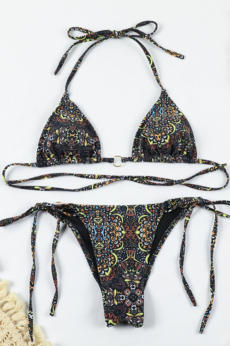 Ring Detail Tie Print Beach Bikini Set