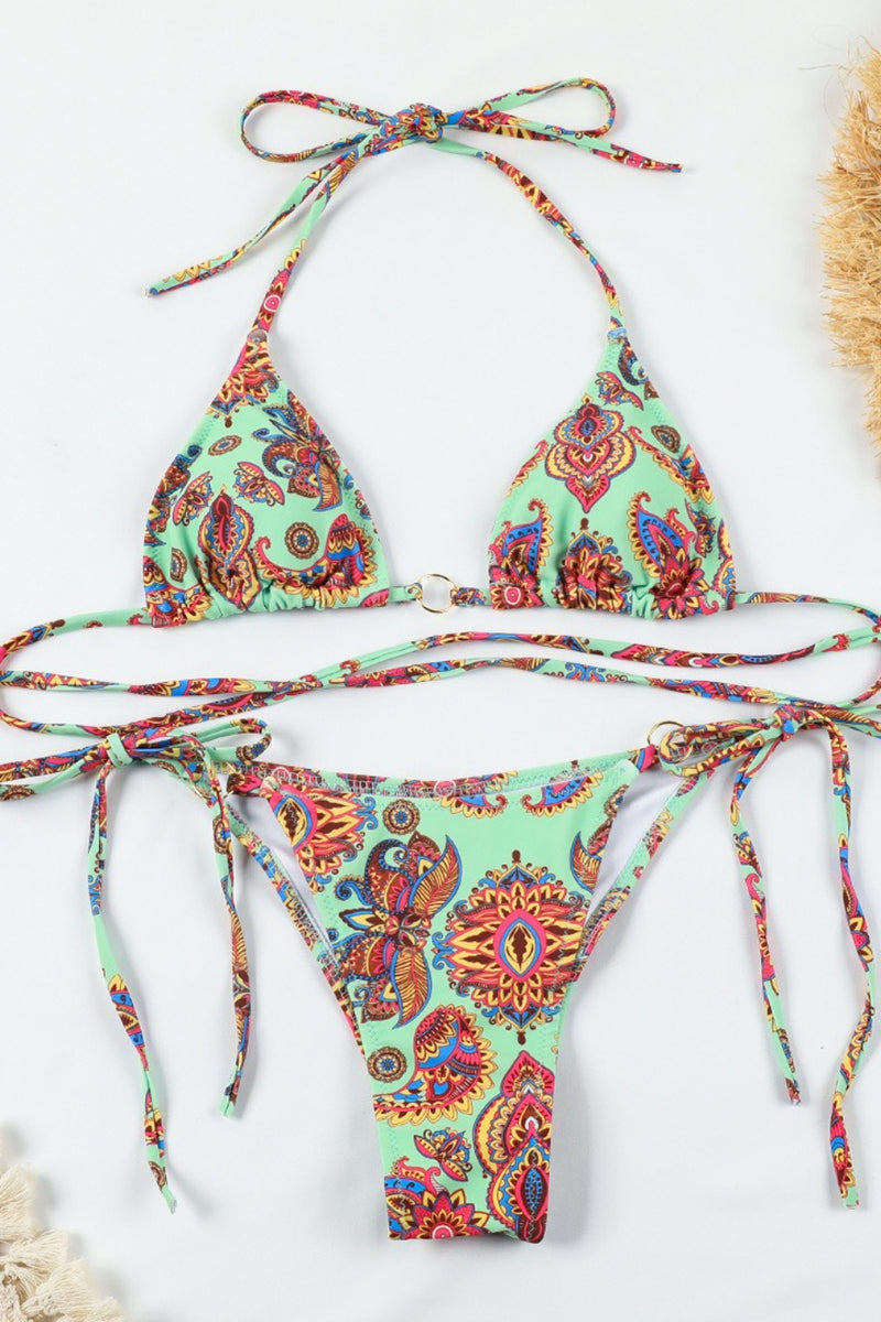Ring Detail Tie Print Beach Bikini Set