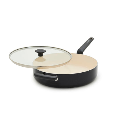 Black ceramic sauté pan with lid, 5-quart size, shown open to display its light-colored interior.