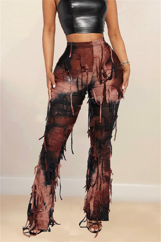 Ripped Fringe Tie Flared Pants