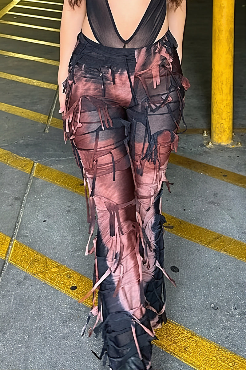 Ripped Fringe Tie Flared Pants