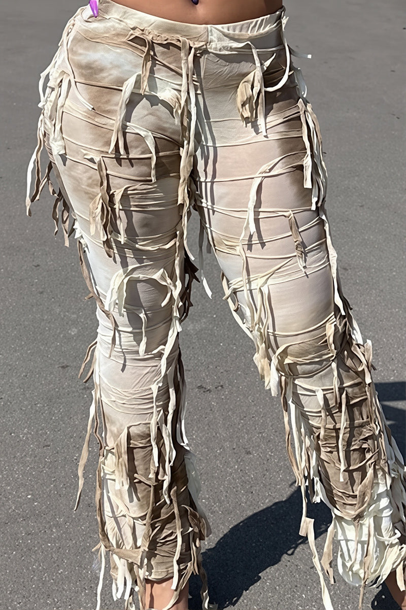 Ripped Fringe Tie Flared Pants