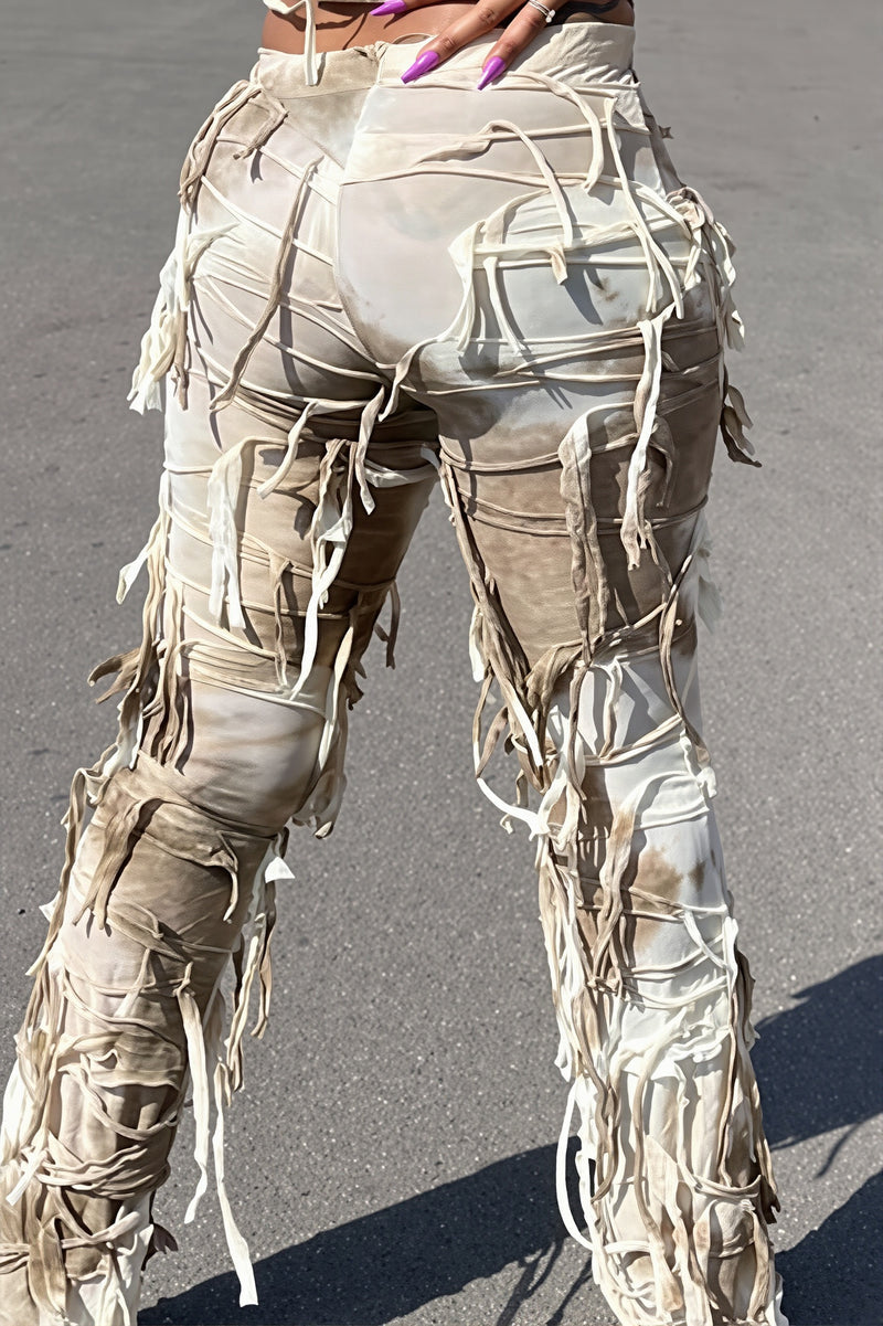 Ripped Fringe Tie Flared Pants
