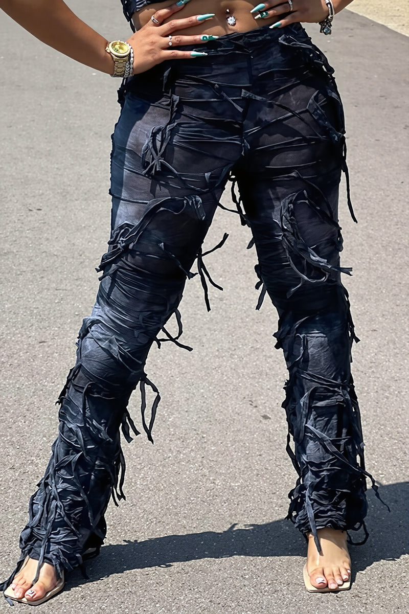 Ripped Fringe Tie Flared Pants