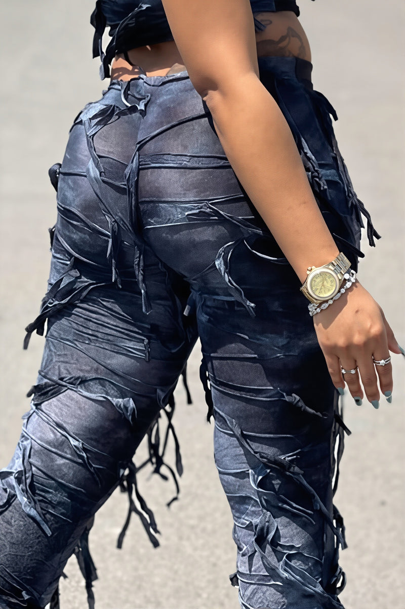 Ripped Fringe Tie Flared Pants