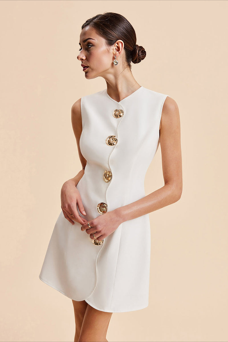 Round Neck Buttoned Solid Mini Dress