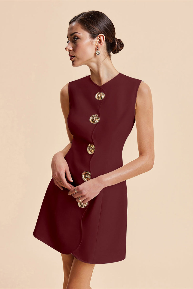Round Neck Buttoned Solid Mini Dress