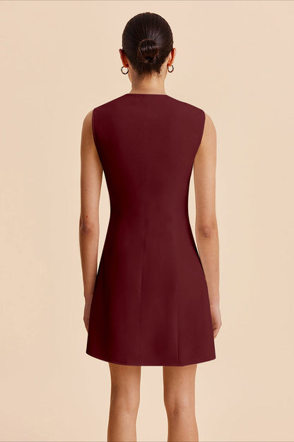 Round Neck Buttoned Solid Mini Dress