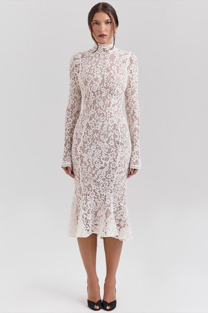 Round Neck Lace Long Sleeve Mermaid Midi Dress