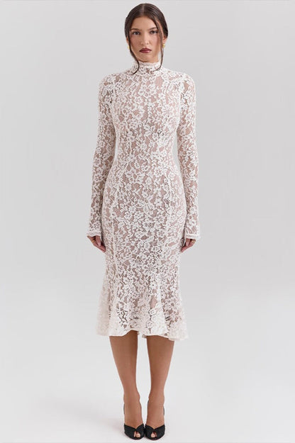 Round Neck Lace Long Sleeve Mermaid Midi Dress