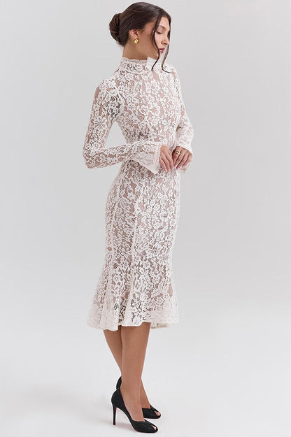 Round Neck Lace Long Sleeve Mermaid Midi Dress