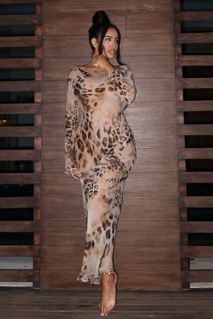 Round Neck Long Sleeve Leopard Print Bodycon Maxi Dress