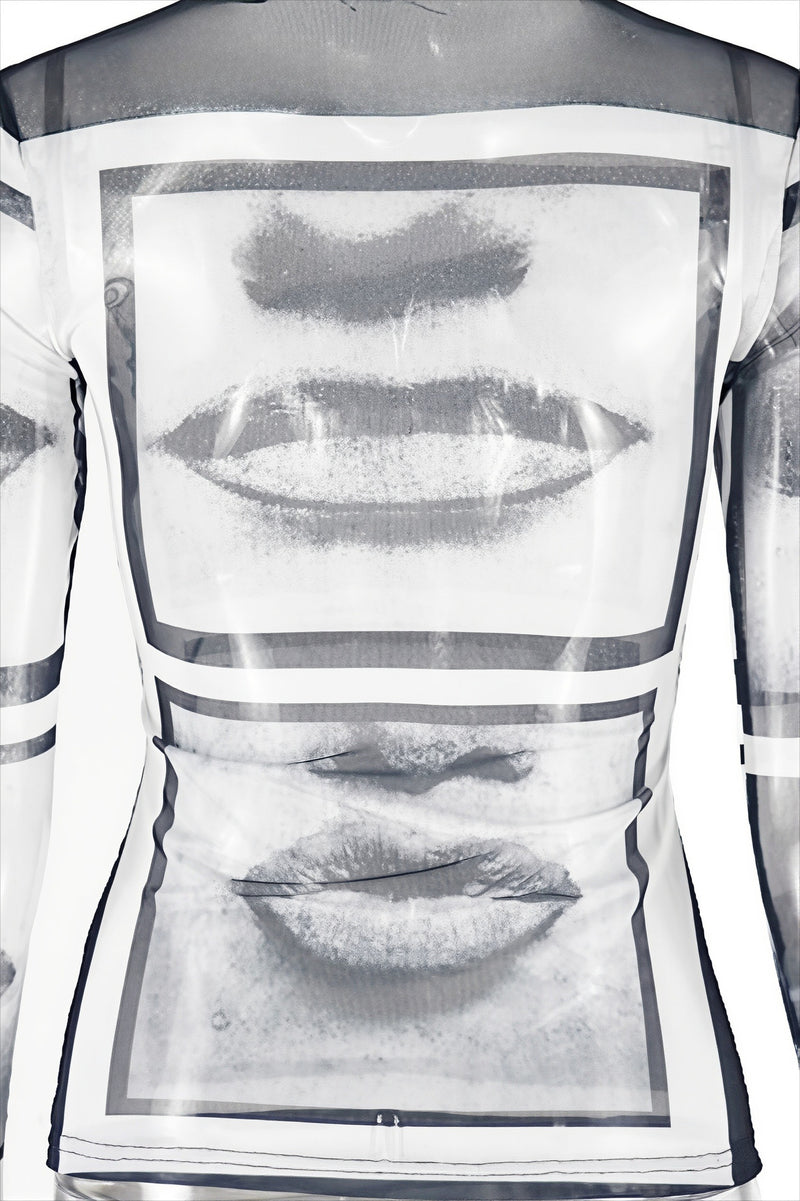 Round Neck Mesh Printed Long Sleeve Tee