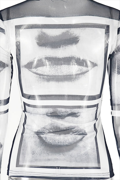 Round Neck Mesh Printed Long Sleeve Tee
