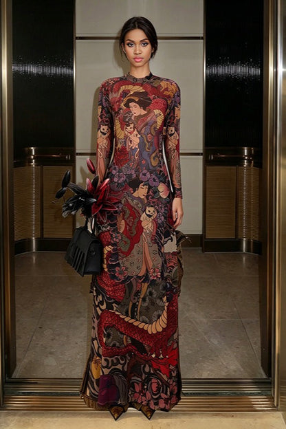 Round Neck Printed Waist Tie High Slit Maxi Dress