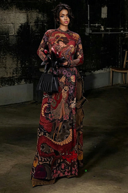 Round Neck Printed Waist Tie High Slit Maxi Dress