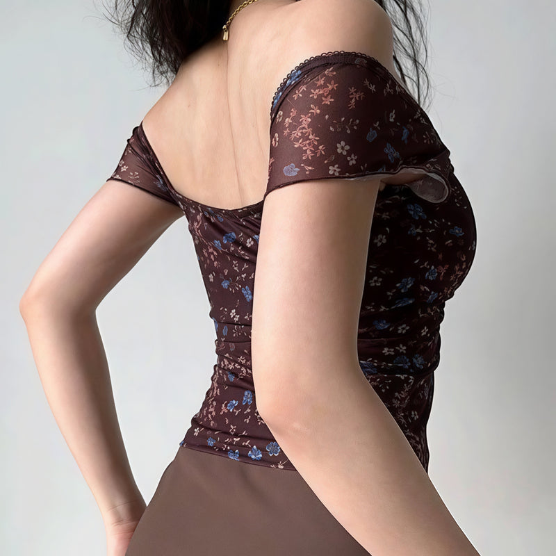 Ruched Floral V Neck Slim Sexy Blouse