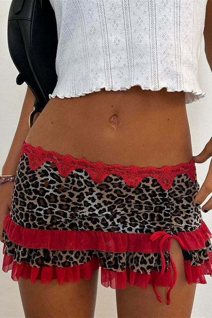 Ruched Lace Color Block Leopard Skirt