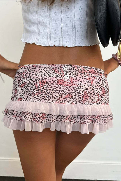 Ruched Lace Color Block Leopard Skirt