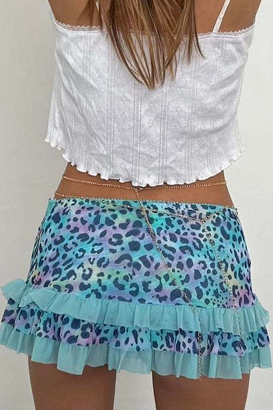 Ruched Lace Color Block Leopard Skirt