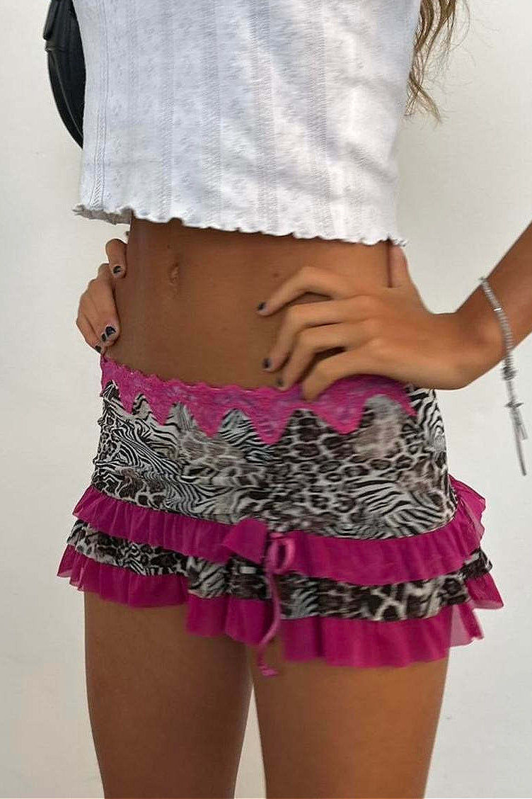 Ruched Lace Color Block Leopard Skirt
