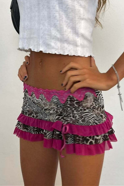 Ruched Lace Color Block Leopard Skirt