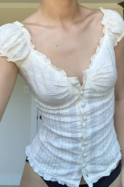 Ruched Low Neck Button Ruffled Lace Tank Top