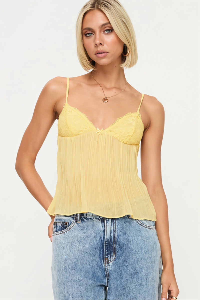 Ruched Sheer Lace Open Back Fitted Cami